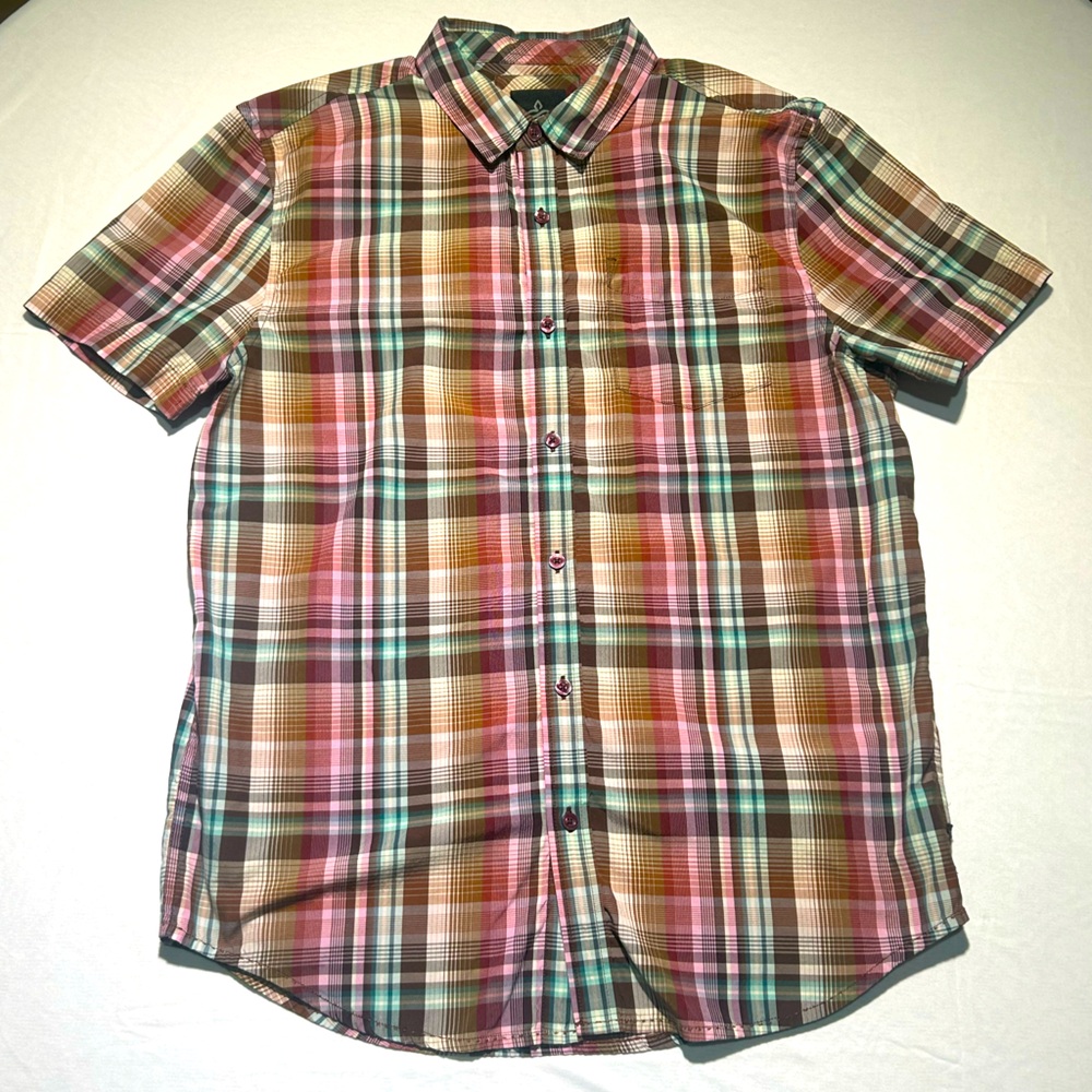 Prana Pink and Brown Plaid Casual Button Down Shirt - Medium Colorful